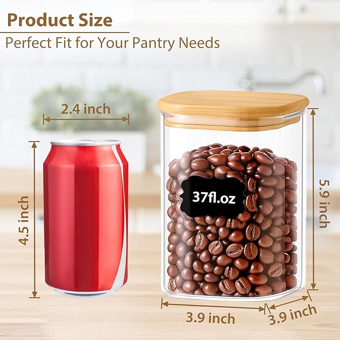 37oz Square Glass Storage Containers with Bamboo Lids – 4 Pack Clear Food Airtight Glass Jars for Pantry Organizers and Storage, Kitchen Dry Food, Coffee, Sugar, Flour, Snacks, Spices