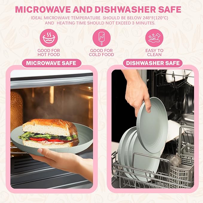 Homienly Wheat Straw Plates Set of 8-10 inch Deep Dinner Plates, Reusable Plastic Plates, Microwave and Dishwasher Safe Plate Set, Unbreakable Plates for KItchen, Camping, Party - Light Grey