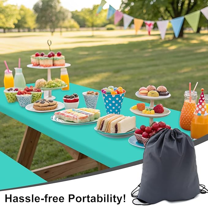 Smiry Picnic Table Cover with Bench Covers, Waterproof Elastic Fitted Polyester Tablecloths for 8 Ft Rectangle Tables, Washable Windproof Tablecloth for Camping, RV & Outdoor (Teal, 30x96 Inches)