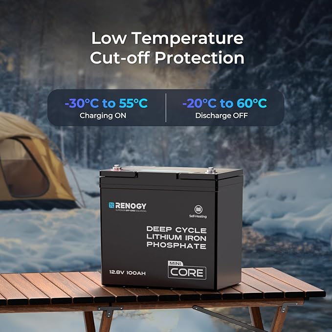 Renogy 12V 100Ah Lithium LiFePO4 Battery Self-Heating w/DuoHeat Tech, Built-in 100A BMS in Mini Size, Deep Cycle Batteries for Icefishing, RVs, Cabins, and Off-Grid Systems