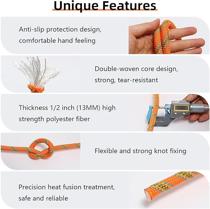 Climbing Rope, 1/2 Inch x 200 Feet Double Braided Arborist Rope Polyester for Outdoor, Climbing, Hiking, Swing, Tree Work, Halyard, Sailing etc(Orange)