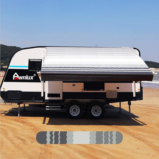 AWNLUX RV Awning Fabric Replacement Waterproof Vinyl Shade Screen for Awnings Camping Universal Fit Fabric Sun Shade UV Sun Blocker Canopy RV Awning Shade Shelter Black Strip-13' (Fabric 12'2")