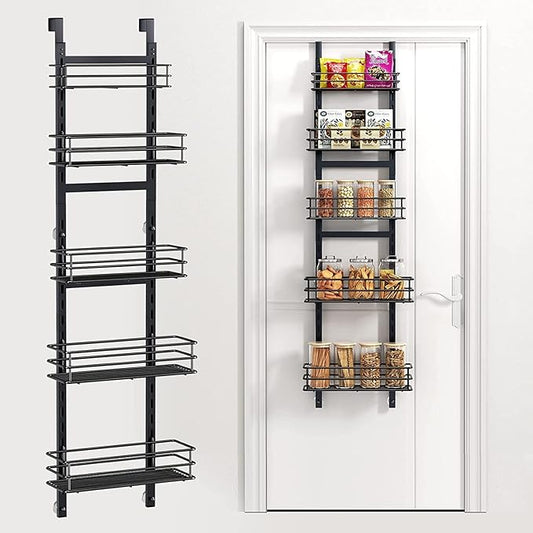 Adjustable 5-Tier Over the Door Pantry Organizer, Spice Rack, Narrow Hanging Shelf for Kitchen Storage and Organization