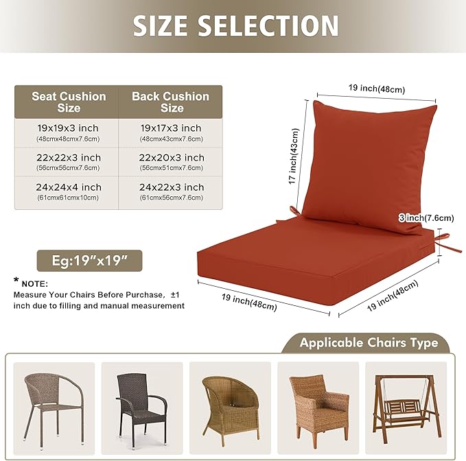 Outdoor Cushions for Patio Furniture, Waterproof Outdoor Chair Cushion w/Fade-Resistant, Removable & Machine-Washable Cover, 22x22 Inch, Deep Seat Sofa/Couch Pad Replacement – Set of 4, Rust