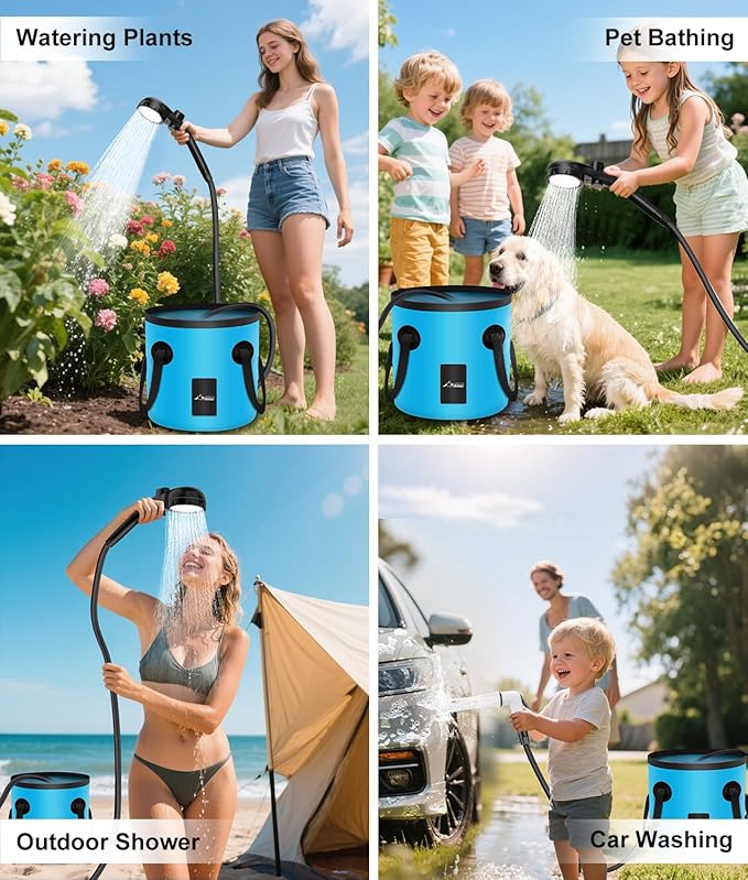 WADEO Portable Shower for Camping, Outdoor Electric Shower Rechargeable Pump with 20L Collapsible Bucket, Camping Shower Light for Camping, Hiking, Traveling, Washing