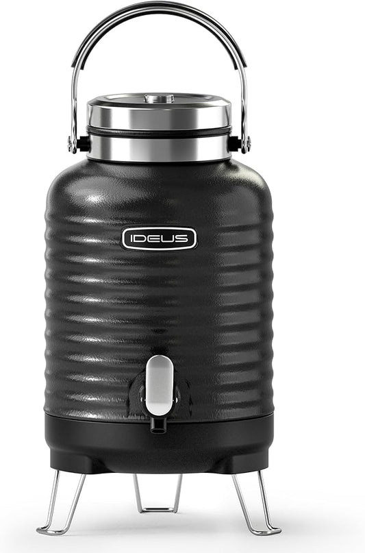 IDEUS Insulated Beverage Dispenser 5.2L, All-in-one for Camping Vacuum Double-Wall Stainless Steel Water Cooler Coffee Carafe Jug Leakproof Drink Container with Handle, Spigot & Stand (Black)