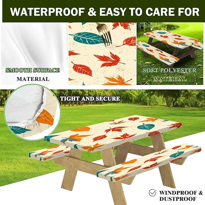 CAPSCEOLL Fitted Picnic Table Cover with Bench Covers with Elastic 6Ft Waterproof Camping Picnic Table Cover Cloths for Outdoors Camping Tablecloth with Drawstring Bag, 72X30in, Maple Leaf