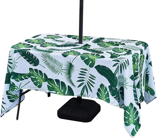 Poise3EHome 60X84 Outdoor/Indoor Waterproof Tropical Rectangle Tablecloth Green with Umbrella Hole Zipper for Camping Picnic Party Patio Table Spring, Palm Leaf