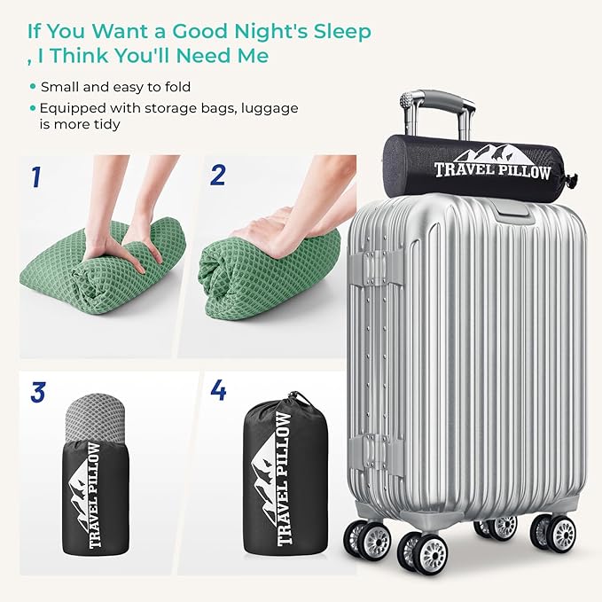 Travel Pillow Memory Foam Pillows, Camping Pillow- Compressible Medium Firm, Breathable Cover, Ideal Backpacking Hiking, Bed Pillows, Airplane and Car (Green, S)