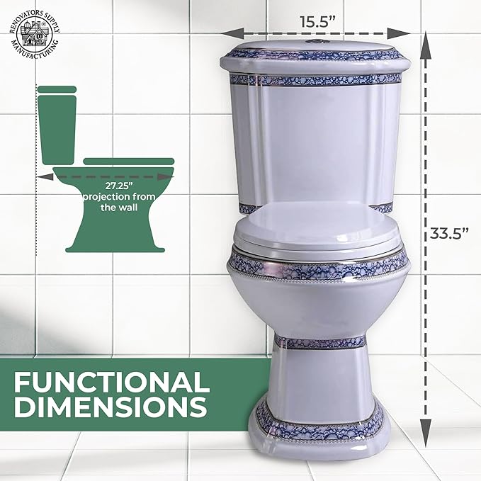 Renovators Supply India Reserve Elongated Two Piece Bathroom Toilet Modern Blue Gold Colour Dual Flush Push Button Slow Close Toilet Seat 0.8/1.6 GPF WaterSense ADA Heavy Duty Porcelain Oval