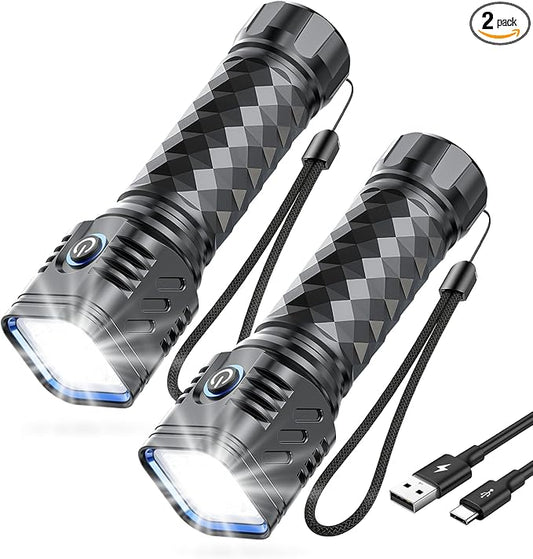 Rechargeable Flashlights High Lumens, Flashlights Rechargeable, Super Bright Flashlight, Waterproof Tactical Flash Light, High Powered 2000 mAh LED Flashlight for Emergency Home Camping Essentials 2P