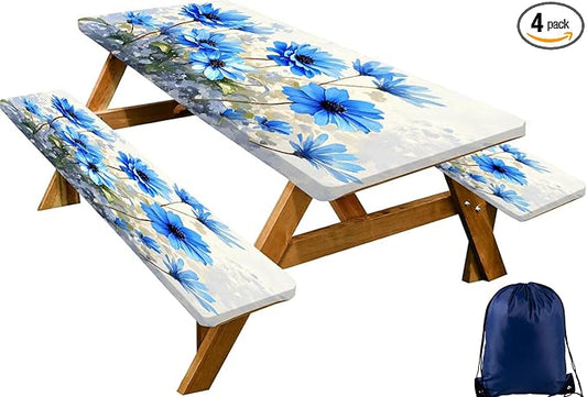 CAPSCEOLL Fitted Picnic Table Cover with Bench Covers with Elastic 8Ft Waterproof Camping Picnic Table Cover Cloths for Outdoors Camping Tablecloth with Drawstring Bag, 96X30in, Blue Flowers