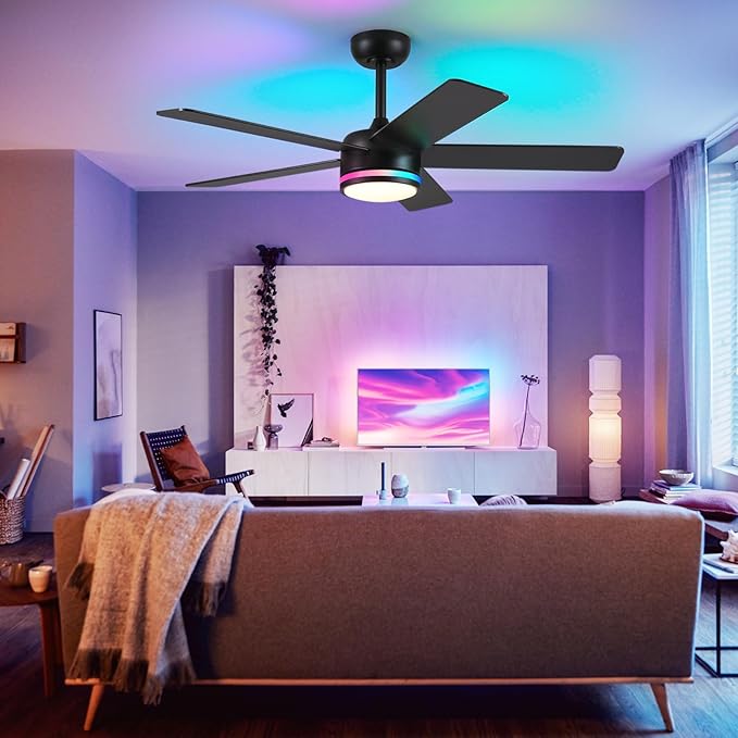 RGB Black Ceiling Fans with Lights - 46in Modern Low Profile Ceiling Fan with Lights and Remote Control, 5 Dual-Sided Blades, Reversible DC Motor, Ceiling Fan for Indoor and Outdoor