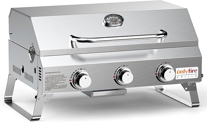 Tabletop Gas Grill 3 Burners, Stainless Steel Portable Propane Grill with Foldable Legs for Outdoor Patio Backyard Camping, Tailgating, RV Trip, Heavy Duty & 24000BTU, GS307