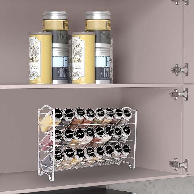 SWOMMOLY Spice Rack Organizer with 24 Empty Glass Spice Jars, 396 Spice Labels with Chalk Marker and Funnel Complete Set, for Countertop, Cabinet or Wall Mount, Silver