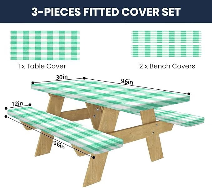 CAPSCEOLL Fitted Picnic Table Cover with Bench Covers with Elastic 8Ft Waterproof Camping Picnic Table Cover Cloths for Outdoors Camping Tablecloth with Drawstring Bag, 96X30in, Green Checkered