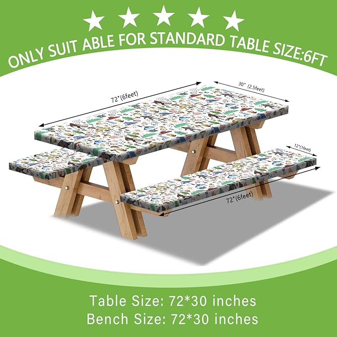 JAWO Picnic Table Covers with Bench Covers Camping Big Foot Adventure Tablecloth 8FT for 8 Person Fitted Picnic Table Cover with Elastic Windproof Waterproof Fabric, Camp Accessories Patio & Outdoor