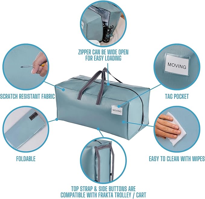 VENO 6 Pack Moving Bags w/Backpack Straps, Heavy Duty, Moving Boxes Alternative, Packing Supplies, Large Storage Totes for Dorm Room Essentials with Zipper for Clothes (Shiny Light Blue, 6 Pack)