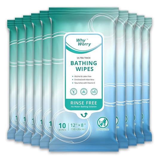 WhyWorry Ultra Thick Bathing Wipes for Adults Rinse Free, Large Body Cleansing Wipes with Aloe for Women, Men & Elderly, 8" x 12" Disposable Shower Washcloths for Gym & Camping, Fresh Scent, 100 Count