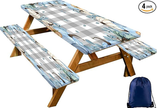 CAPSCEOLL Fitted Picnic Table Cover with Bench Covers with Elastic 8Ft Waterproof Picnic Table Cloths Windproof Outdoor Camping Tablecloth with Drawstring Bag, 96X30in, Blue Pumpkins