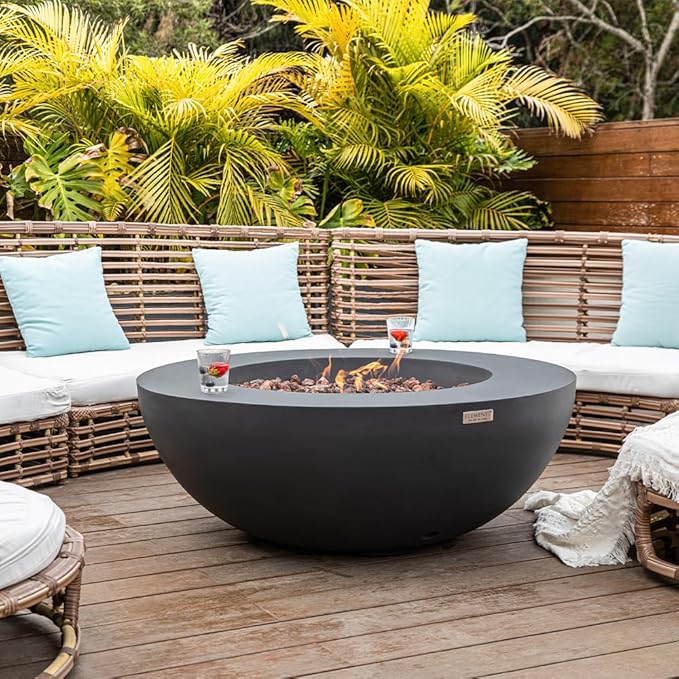 Elementi Lunar Bowl Dark Grey Fire Pit Bundle Includes 42” Propane Concrete Firepit, Glass Windscreen, Stainless Steel Cover, Tank Cover, Canvas Cover, Floor Mat, Hammock, Beverage Tub