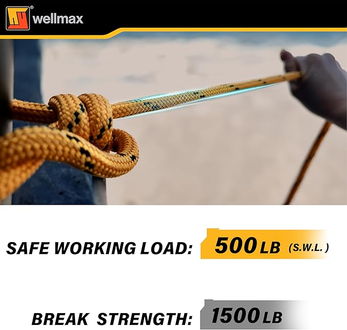 Wellmax Diamond Braid Nylon Rope, 3/8 in X 50 Foot, UV Resistant, High Strength and Weather Resistant - Yellow