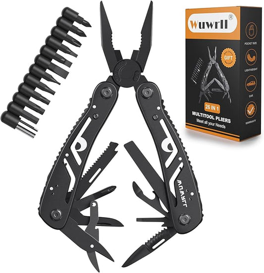 26-in-1 Multitool，Professional Stainless Steel Multi Tools ，Multitool Pliers Pliers Pocket Knife with Heavy Duty Screwdriver Sleeve, Replaceable Bits Multitools for Outdoor, (black)