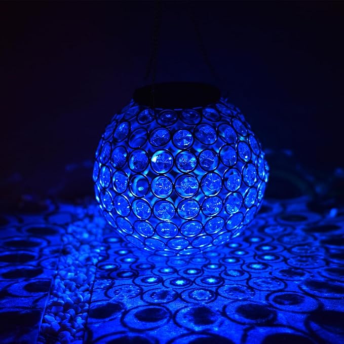 Solar Hanging Lantern Outdoor Lights, Dual LEDs Color Changing and Blue Hanging Light Waterproof Crystal Globe Lamp Decoration in Garden, Pathway, Front Door - Blue