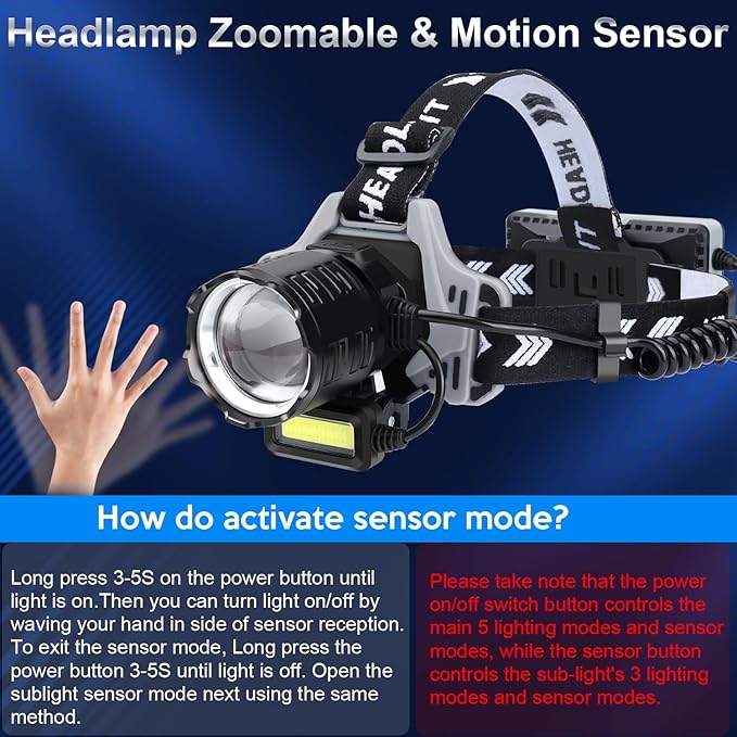 Bud K Rechargeable LED Headlamp, 6000 Lumens Super Bright Headlamp Flashlight with Motion Sensor, 8 Modes, 135°Adjustable, IPX7 Waterproof Head Lamp for Camping, Running, Climbing, Hiking