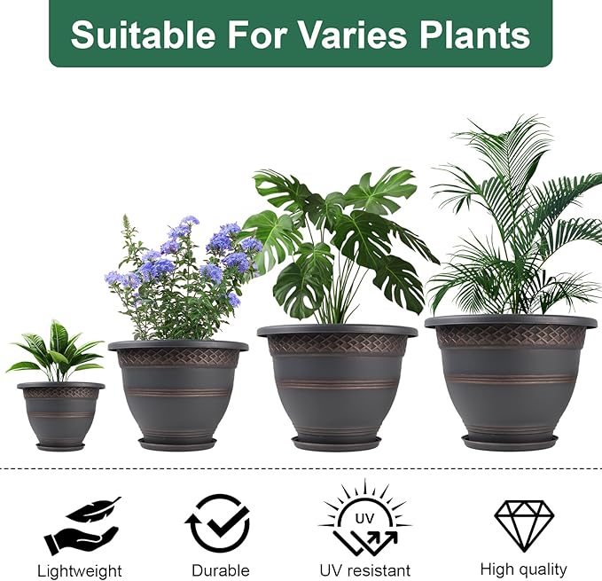 10 Inch 4 Pack Large Plant Pots, Plastic Flower Pot for Indoor & Outdoor with Drainage Holes & Saucer, Plaid Pattern Planters Garden Pots for Herbs