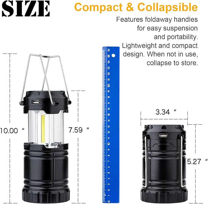 4 Pack Solar USB Rechargeable 3 AA Power Brightest COB LED Camping Lantern with Magnetic Base, Charging for Android, Waterproof Collapsible Emergency LED Light