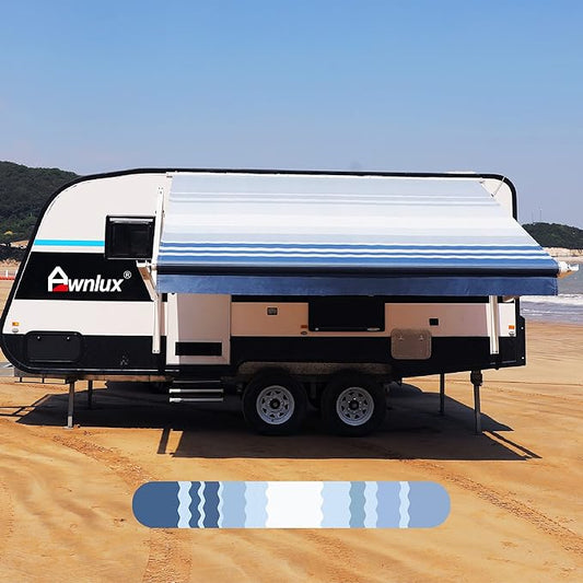AWNLUX RV Awning Fabric Replacement Waterproof Vinyl Shade Screen for Awnings Camping Universal Fit Fabric Sun Shade UV Sun Blocker Canopy RV Awning Shade Shelter Blue Strip-19'(Fabric 18'2")