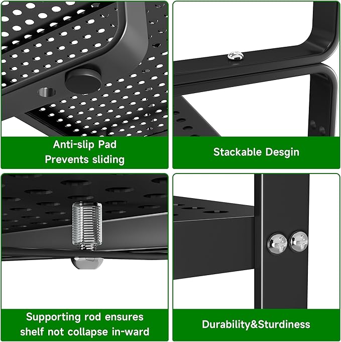 Expandable Kitchen Cabinet Shelf Organizer Rack Heavy Duty Metal Spice Rack Stackable Kitchen Counter Storage Shelf for Kitchen Cabinet Pantry Bathroom (Black - 16.5"-27" L x 8" W x 9.6" H - 1Pack)
