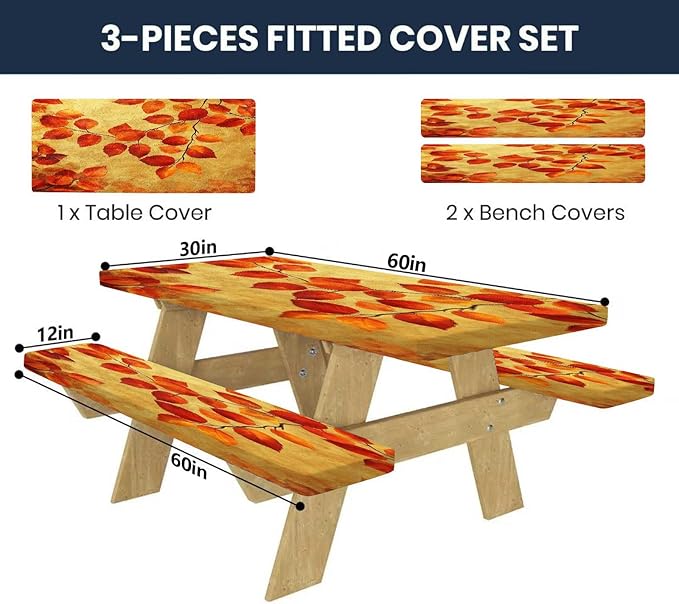 CAPSCEOLL Elastic Picnic Table Cover with Bench Covers 5Ft Waterproof Fitted Picnic Table Cover Cloths for Outdoors Camping Tablecloth with Drawstring Bag, 60X30in, Burnt Orange Leaves