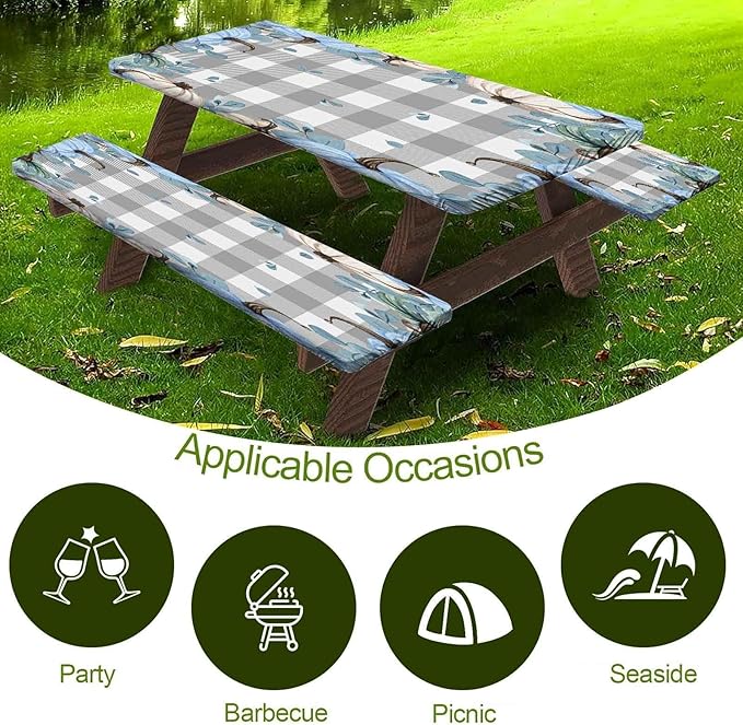 CAPSCEOLL Fitted Picnic Table Cover with Bench Covers with Elastic 8Ft Waterproof Picnic Table Cloths Windproof Outdoor Camping Tablecloth with Drawstring Bag, 96X30in, Blue Pumpkins
