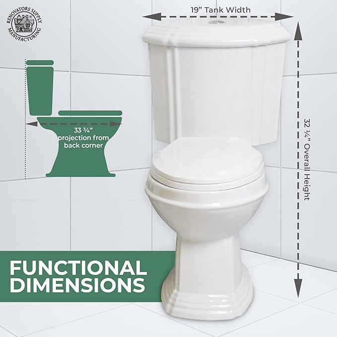 Renovators Supply Sheffield Corner 2-Piece Elongated Toilet 33.75"D X 19"W X 32.25"H WaterSense Dual Flush White Elongated Toilet With Slow Close Seat Heavy Duty Porcelain