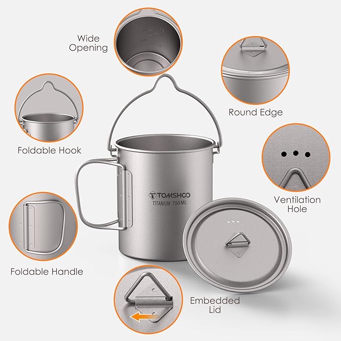 TOMSHOO Titanium Pot 750ml/25.4 oz Outdoor Mug with Lid - Foldable Handle for Camping, Hiking, Travelling, Backpacking, Open Fire