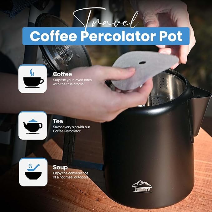 Toughty Yosemite Percolator Coffee Pot – Classic Coffee Percolator Stovetop for Camping & Home – Durable Stainless Steel - Gas, Electric & Induction Stoves – Old-Fashioned Cowboy-Style Pot – 12 Cups