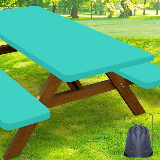 Smiry Picnic Table Cover with Bench Covers, Waterproof Elastic Fitted Polyester Tablecloths for 8 Ft Rectangle Tables, Washable Windproof Tablecloth for Camping, RV & Outdoor (Teal, 30x96 Inches)