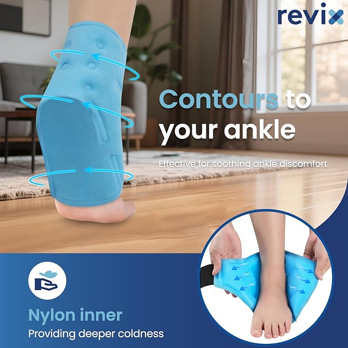 REVIX Ankle Ice Pack Wrap – Reusable Gel Cold Compression for Foot Discomfort, Ice Wrap for Feet Swelling and Recovery, Plantar Fasciitis, Achilles Tendonitis, and Sprained Ankles, 2 Packs