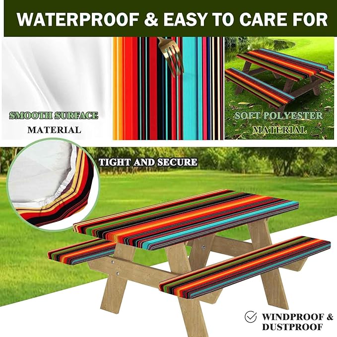CAPSCEOLL Elastic Picnic Table Cover with Bench Covers 5Ft Waterproof Fitted Picnic Table Cover Cloths for Outdoors Camping Tablecloth with Drawstring Bag, 60X30in, Colorful Stripes