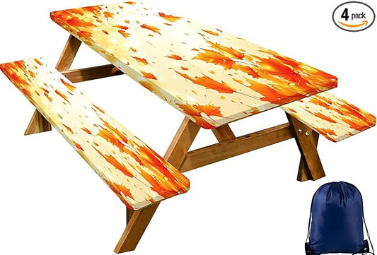 CAPSCEOLL Fitted Picnic Table Cover with Bench Covers with Elastic 8Ft Waterproof Camping Picnic Table Cover Cloths for Outdoors Camping Tablecloth with Drawstring Bag, 96X30in, Fall Maple
