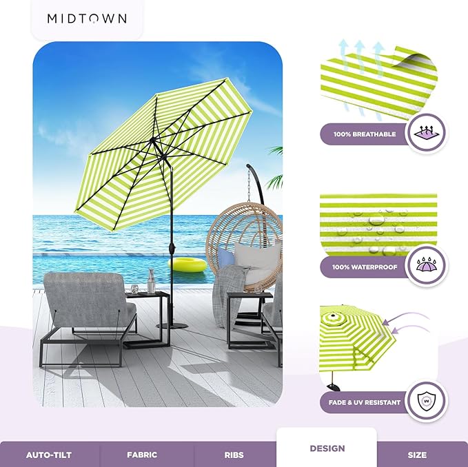 Midtown Umbrellas The Lean 9 Feet Outdoor Umbrella With Terylast Pear Stripes (Green/White Stripes) Polyester Fabric - Auto-Tilt Aluminum Frame Patio Umbrella For Deck, Garden, Pool - Black Pole