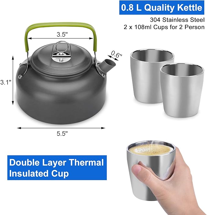 Odoland 12pcs Camping Cookware Mess Kit with Mini Stove, Lightweight Pot Pan Kettle with 2 Cups, Fork Spoon Kit for Backpacking, Outdoor Camping Hiking and Picnic