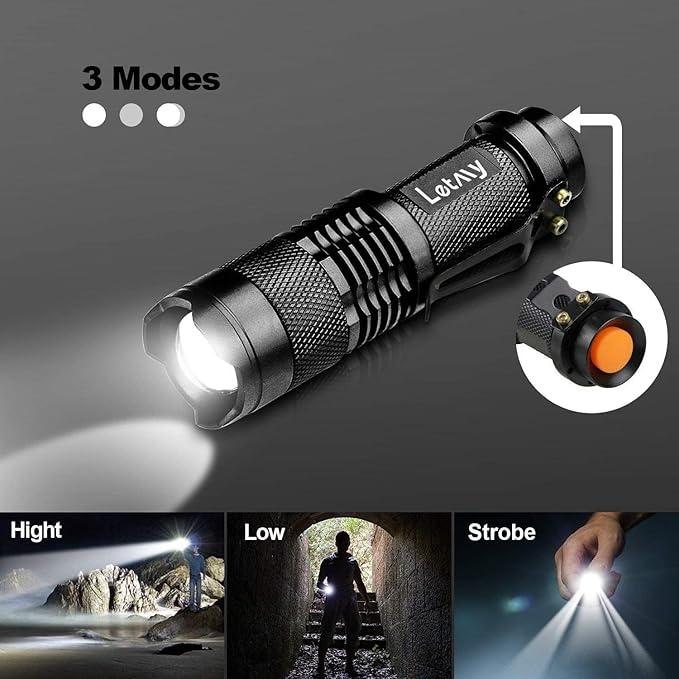 LETMY Tactical Flashlight, Super Bright LED Mini Flashlights with Belt Clip, Zoomable, 3 Modes, Waterproof - Best EDC Flashlight for Gift, Hiking, Camping, Hurricane & Power Outage (2 Pack)