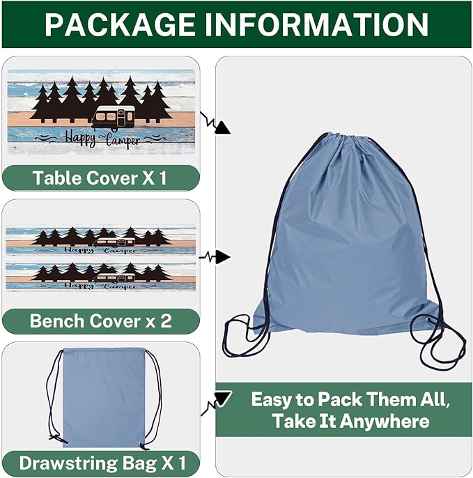 Picnic Table Cover with Bench Covers Elastic Edges, Blue Camper Fitted Table Cover, Outdoor Patio Camping Essentials 72 Inch 3PCS, Waterproof Camping Fitted Tablecloth with Drawstring Bag
