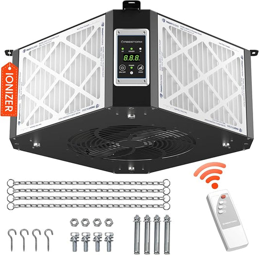 ABESTORM Air Filtration System Woodworking Built-in Ionizer, 1350CFM Hanging Air Filter with Strong Vortex Fan, 360 Degree Intake, Shop Dust Collector for Woodworking, Garage WorkShop, DecDust 1350IG