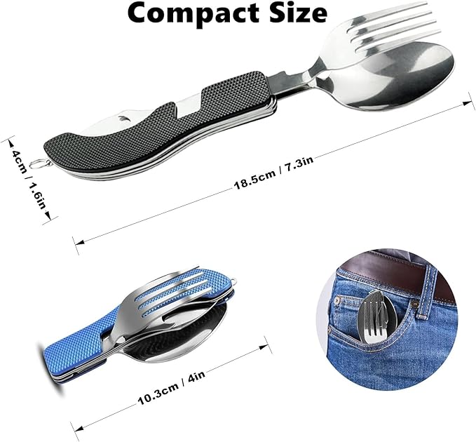 4-in-1 Portable Foldable Utensil Set Compact Knife Fork Spoon Bottle Opener Kit Stainless Steel Utensils for Camping Hiking Travel (Red + Green)