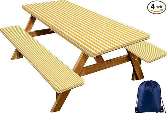 CAPSCEOLL Elastic Picnic Table Cover with Bench Covers 5Ft Waterproof Fitted Picnic Table Cover Cloths for Outdoors Camping Tablecloth with Drawstring Bag, 60X30in, Orange White