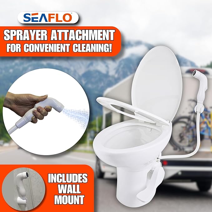 SEAFLO Ceramic Residential Height Camper/RV Toilet with Sprayer Attachment & Elongated Ceramic Bowl, 19” Standard Height, Gravity Flush System, Foot Pedal Operation, Soft Close Seat, 4-Year Warranty